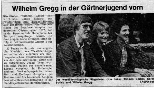 Thomas Becker, Carola Schiviz and Wilhelm Gregg at the awarding of the certificates as national winners of the German Gardeners' Youth 1977